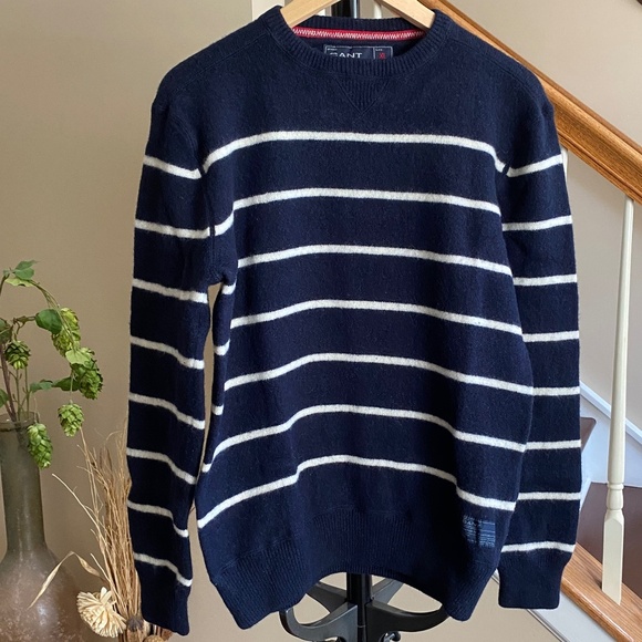 GANT Crew Neck Lambswool Navy Striped Sweater Padded Elbows Sz Large - Picture 1 of 16
